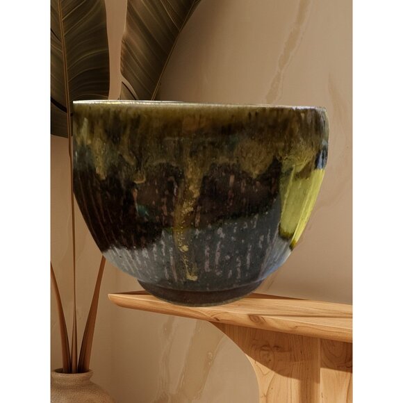 Lined Ceramic Stamped Chawan Bowl W/ Four Red Dots Two Sides 2017 Drip Glaze - Picture 2 of 7